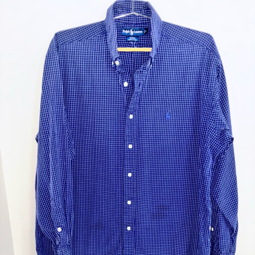 Polo Ralph Lauren Button Down Shirt Classic Fit Plaid Men blue large Pony preppy